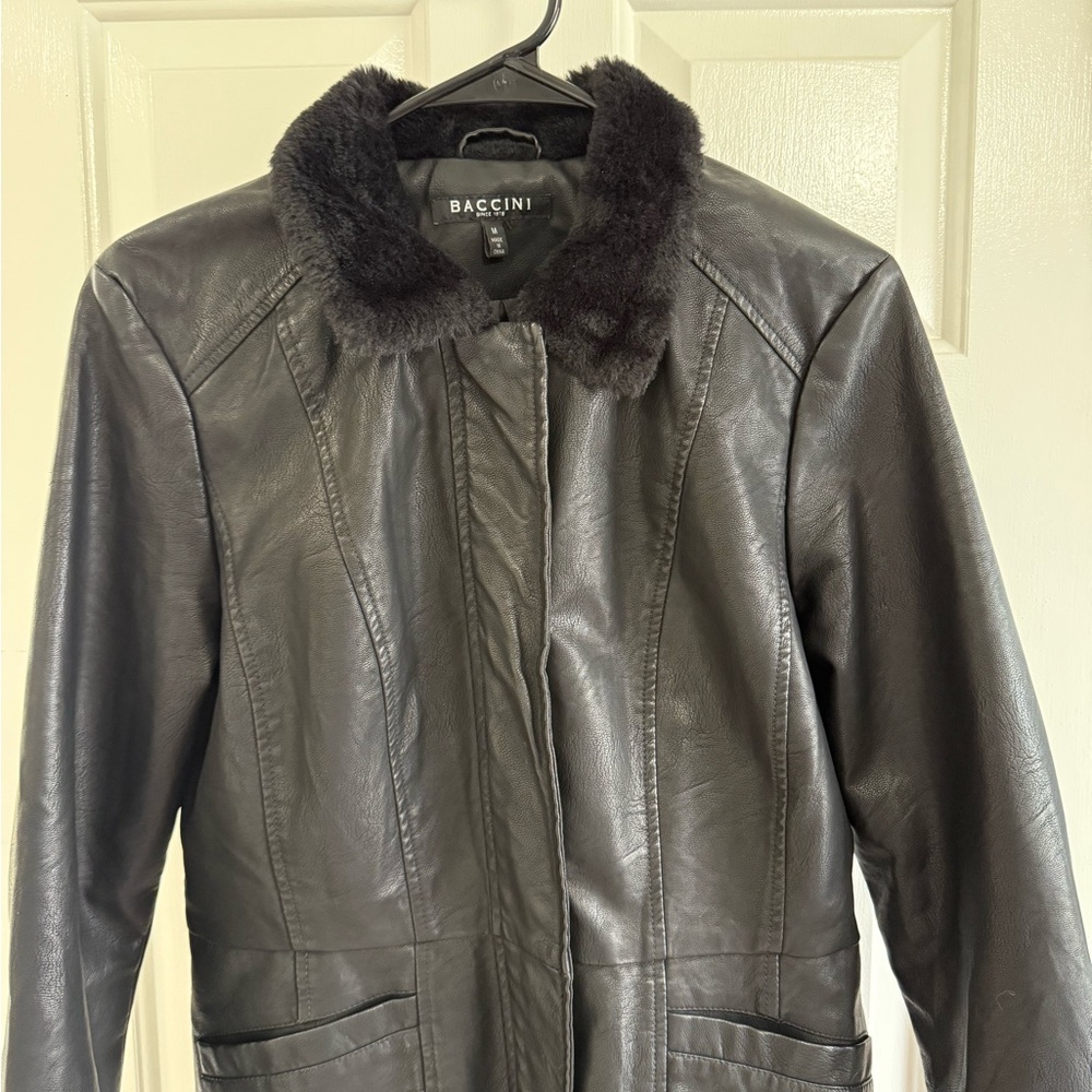 Baccini Women's Dark Leather Jacket with Plush Collar